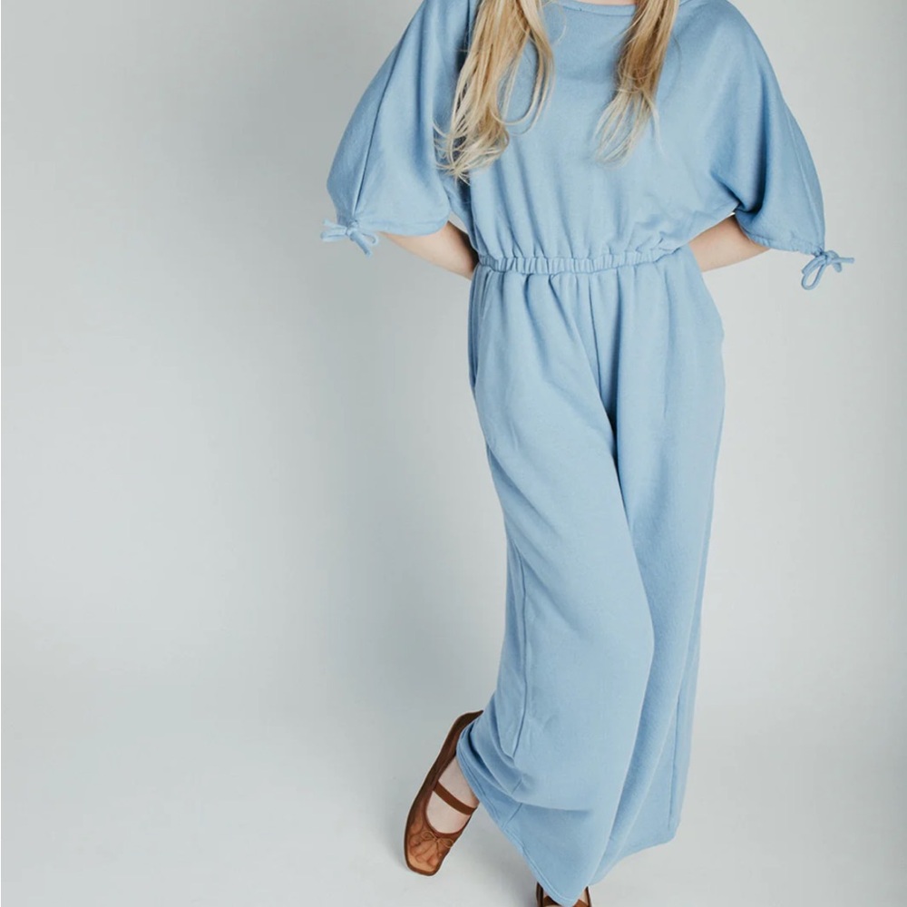 WinWin Light Blue Elastic-Waist Wide-Leg Jumpsuit with Tie Sleeves